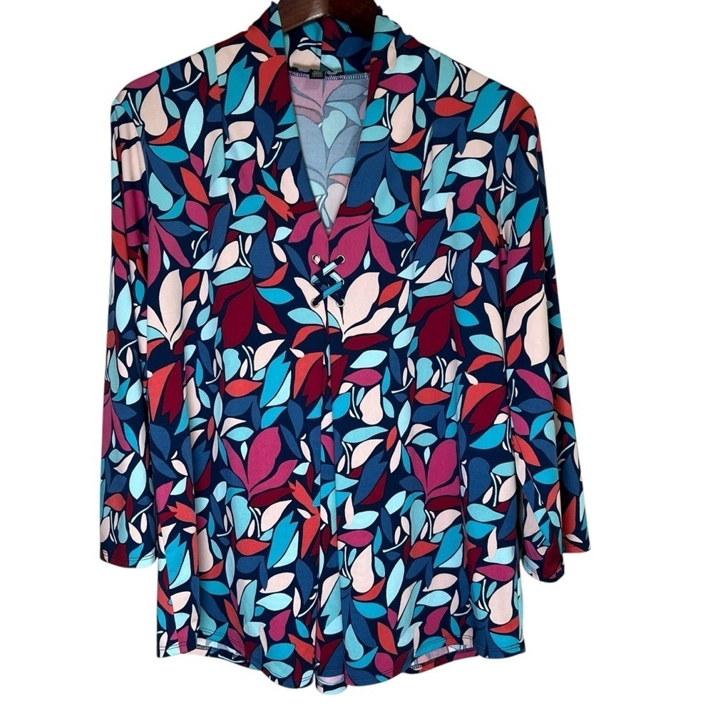 Cable & Gauge Colorful Leaf Print Blouse Drapey V-Neck Top Stretch Sz XL Scarf - Picture 10 of 12